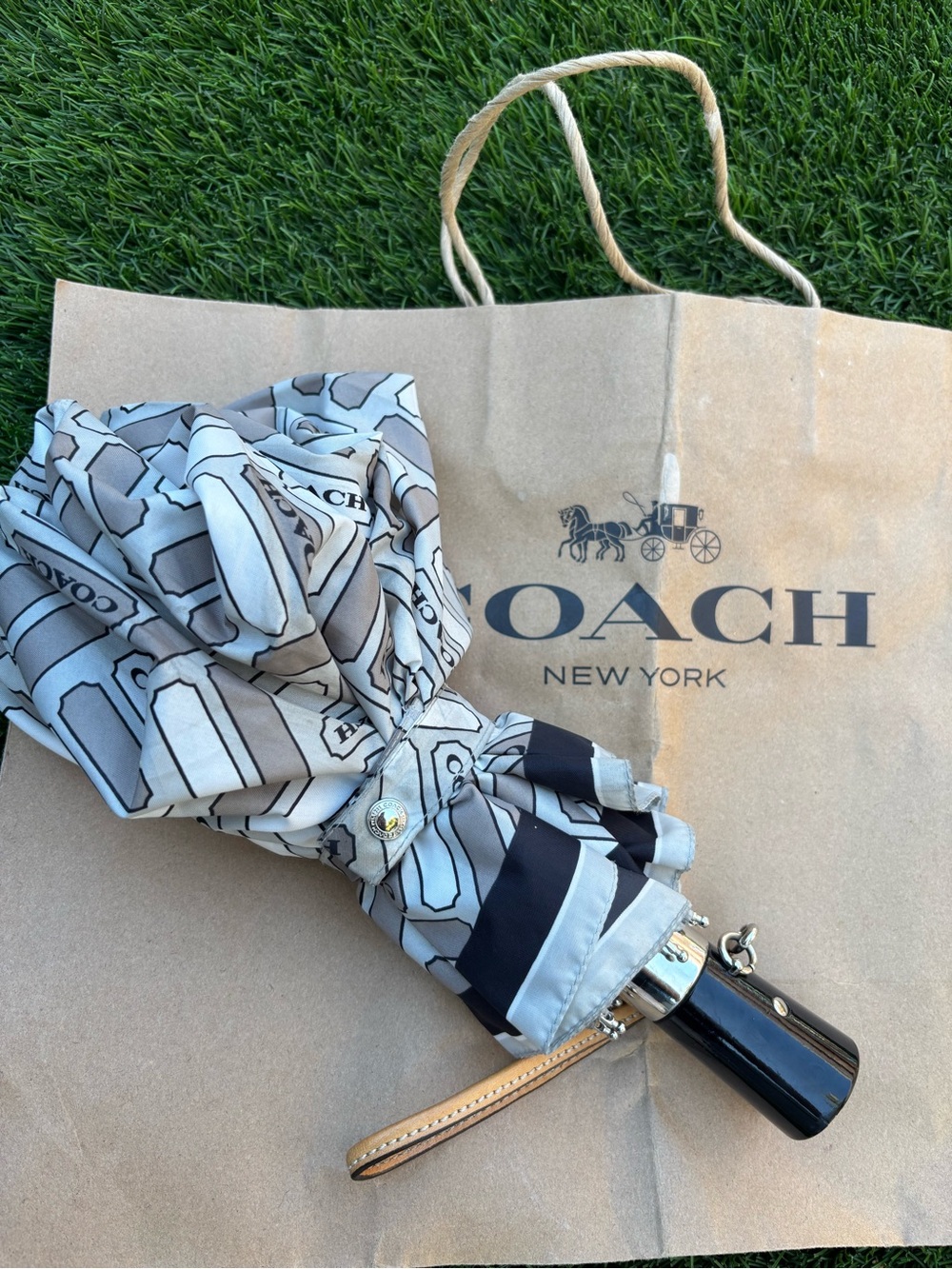 Coach Compact Foldable Umbrella in Gray and Black Print